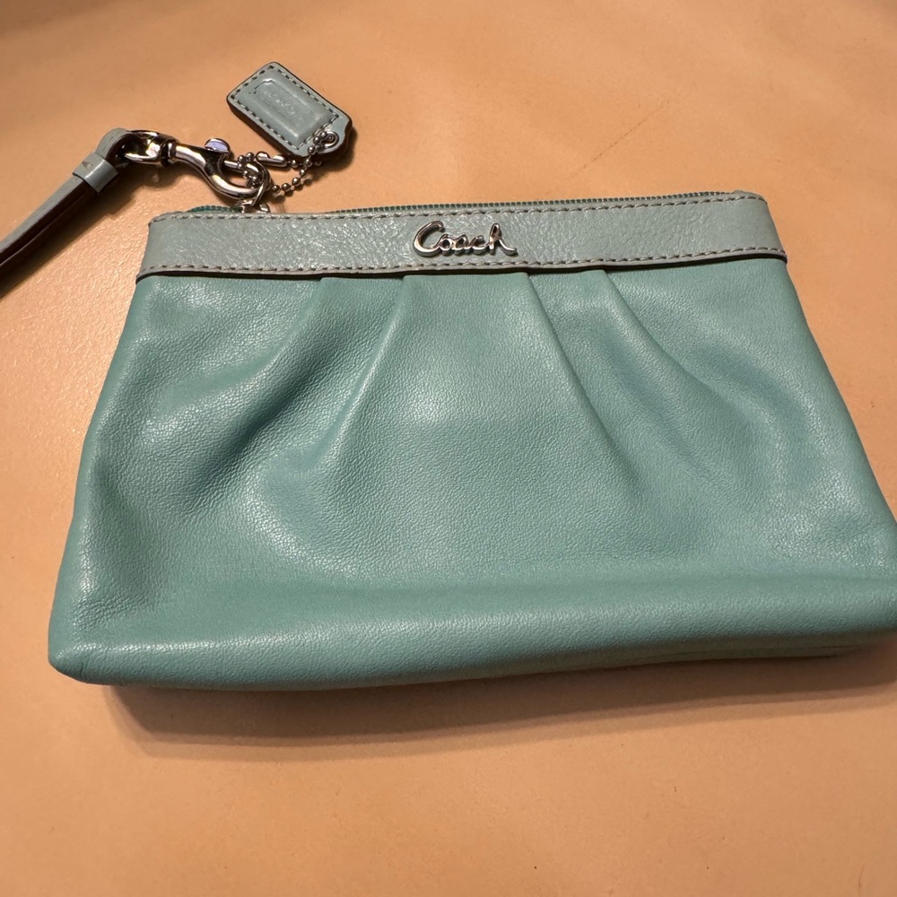 Coach Leather Wristlet Blue Teal Wrist Strap Zipper